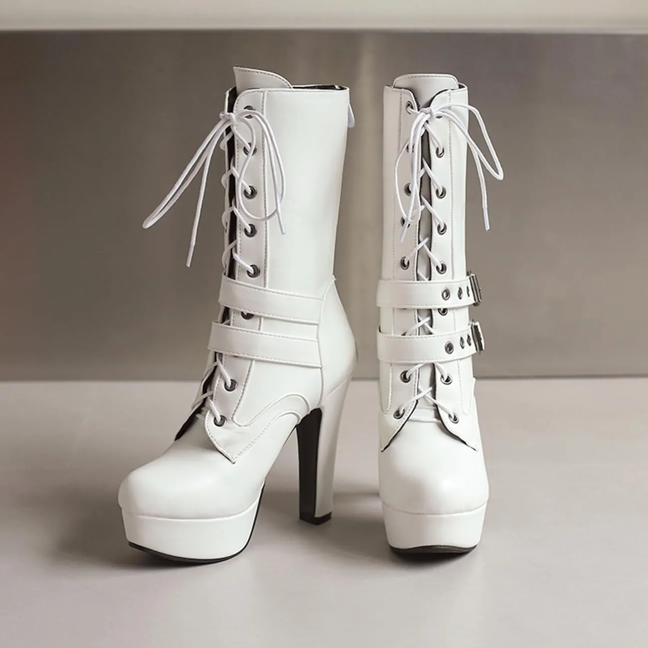 Fashion Womens Chunky High Heels Ankle Boots Lace up Platform Heels Booties