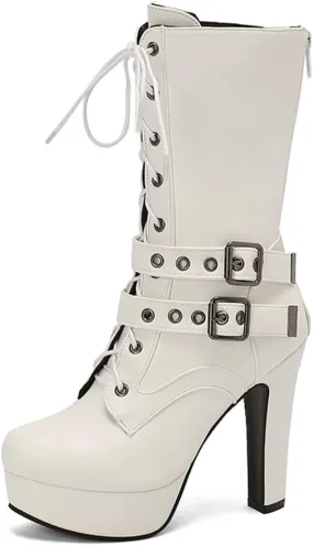 Fashion Womens Chunky High Heels Ankle Boots Lace up Platform Heels Booties