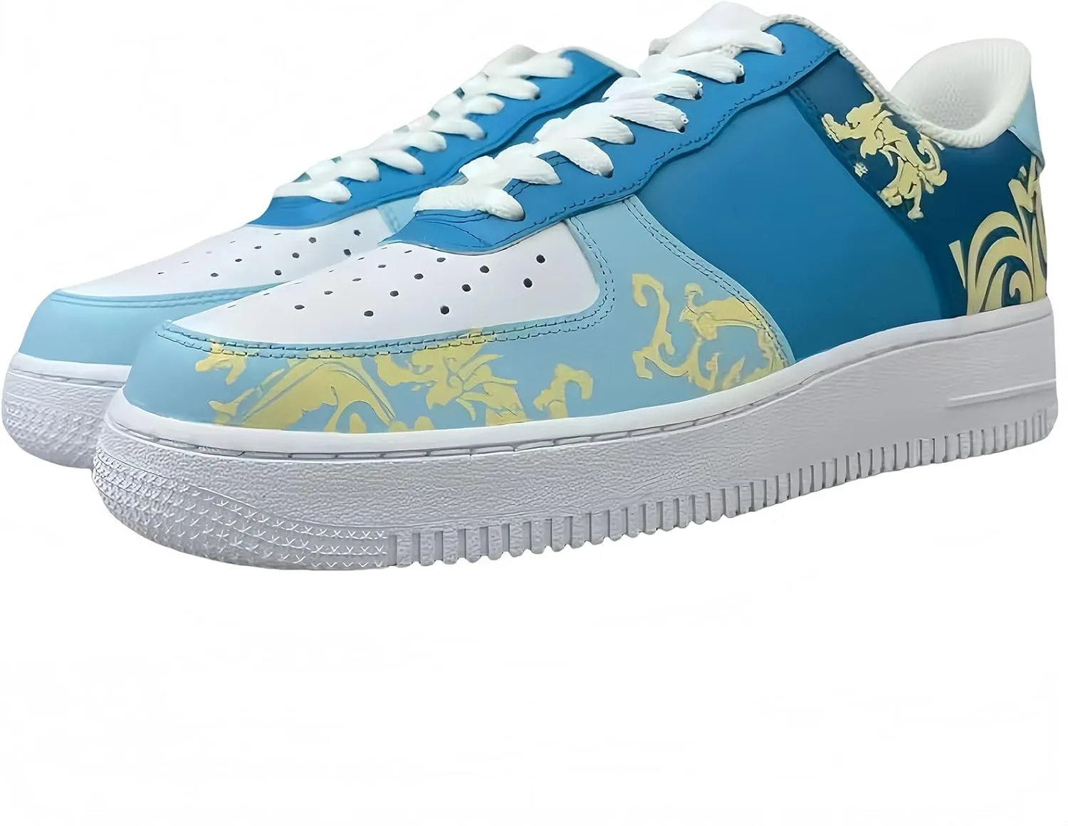 Hand-Painted Sneakers, Fashion Platform Shoes, Blue Floral Pattern, Casual Comfort Walking Shoes