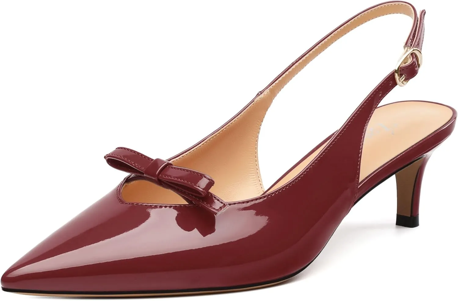 Kitten Heels for Women with Bow, Womens Slingback Low Heels, Closed Pointed Toe Patent Pumps Shoes for Dress Work Office Casual 2 Inch