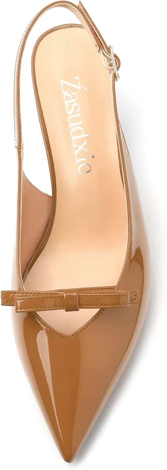 Kitten Heels for Women with Bow, Womens Slingback Low Heels, Closed Pointed Toe Patent Pumps Shoes for Dress Work Office Casual 2 Inch