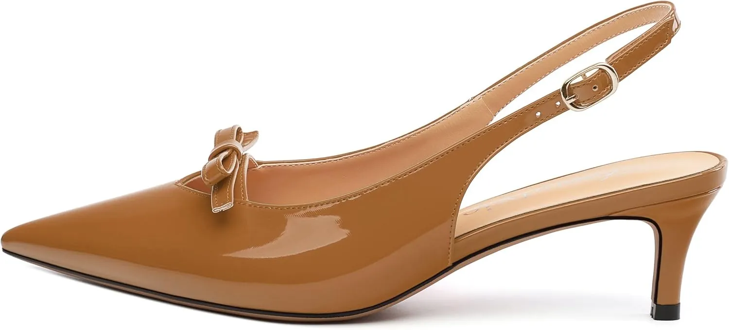 Kitten Heels for Women with Bow, Womens Slingback Low Heels, Closed Pointed Toe Patent Pumps Shoes for Dress Work Office Casual 2 Inch