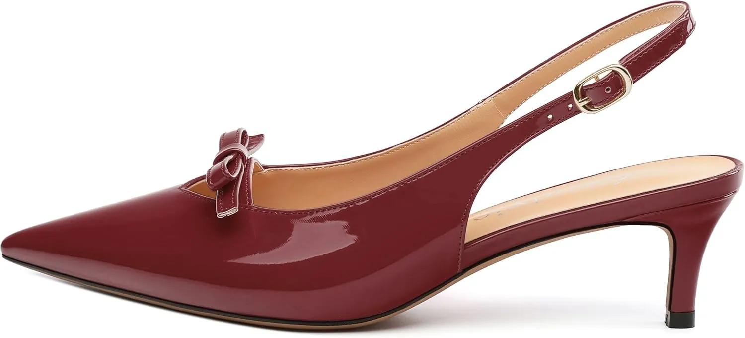 Kitten Heels for Women with Bow, Womens Slingback Low Heels, Closed Pointed Toe Patent Pumps Shoes for Dress Work Office Casual 2 Inch