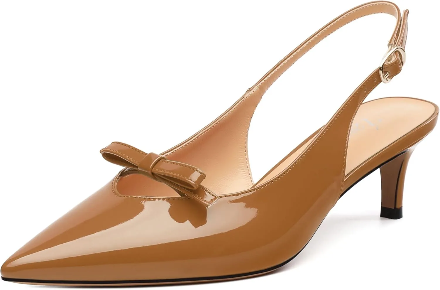 Kitten Heels for Women with Bow, Womens Slingback Low Heels, Closed Pointed Toe Patent Pumps Shoes for Dress Work Office Casual 2 Inch