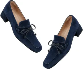 MOOMMO Women Chunky Low Heel Loafers Bow Suede Slip On Closed Square Toe Loafer Shoes Oxfords Comfy 1 Inch Block Heels Dress Shoes Pumps Office Work Pumps Vintage Retro Comfy 4-11 M US