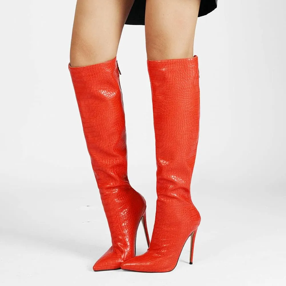 Roimaash Elegant Women Knee High Boots Stiletto High Heels Pointed Toe