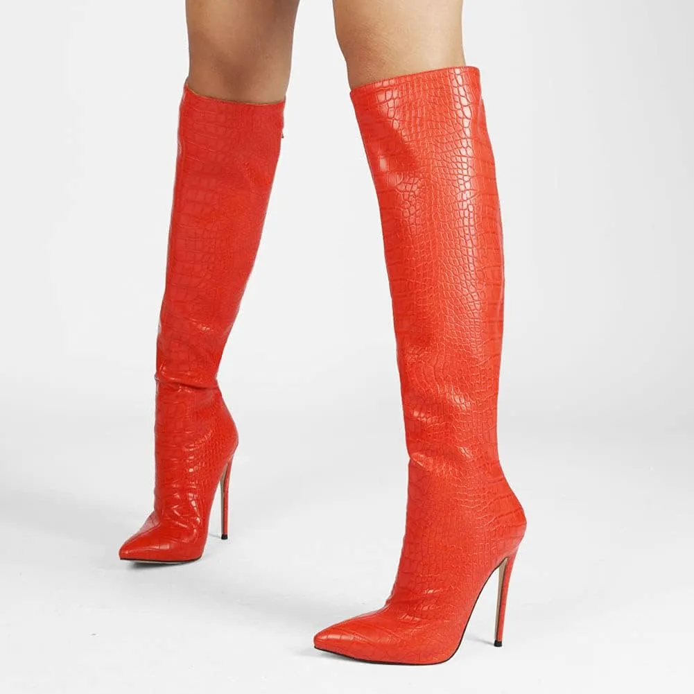 Roimaash Elegant Women Knee High Boots Stiletto High Heels Pointed Toe
