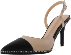 Soireelady Womens Sling Back Heels Pointed Cap Toe Beaded Pumps Stilettos High Heel Pumps Slip On D'Orsay Heels Dress Shoes Wedding 3.5 Inch