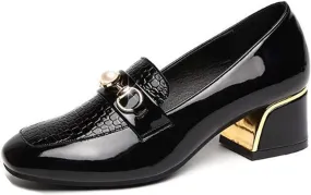 Stylish Women's Patent Leather Print Chunky High Heels Loafers Comfort Round Toe Pearl Metal Buckle Decoration Slip On Dress Shoes for Office Party Walking Formal