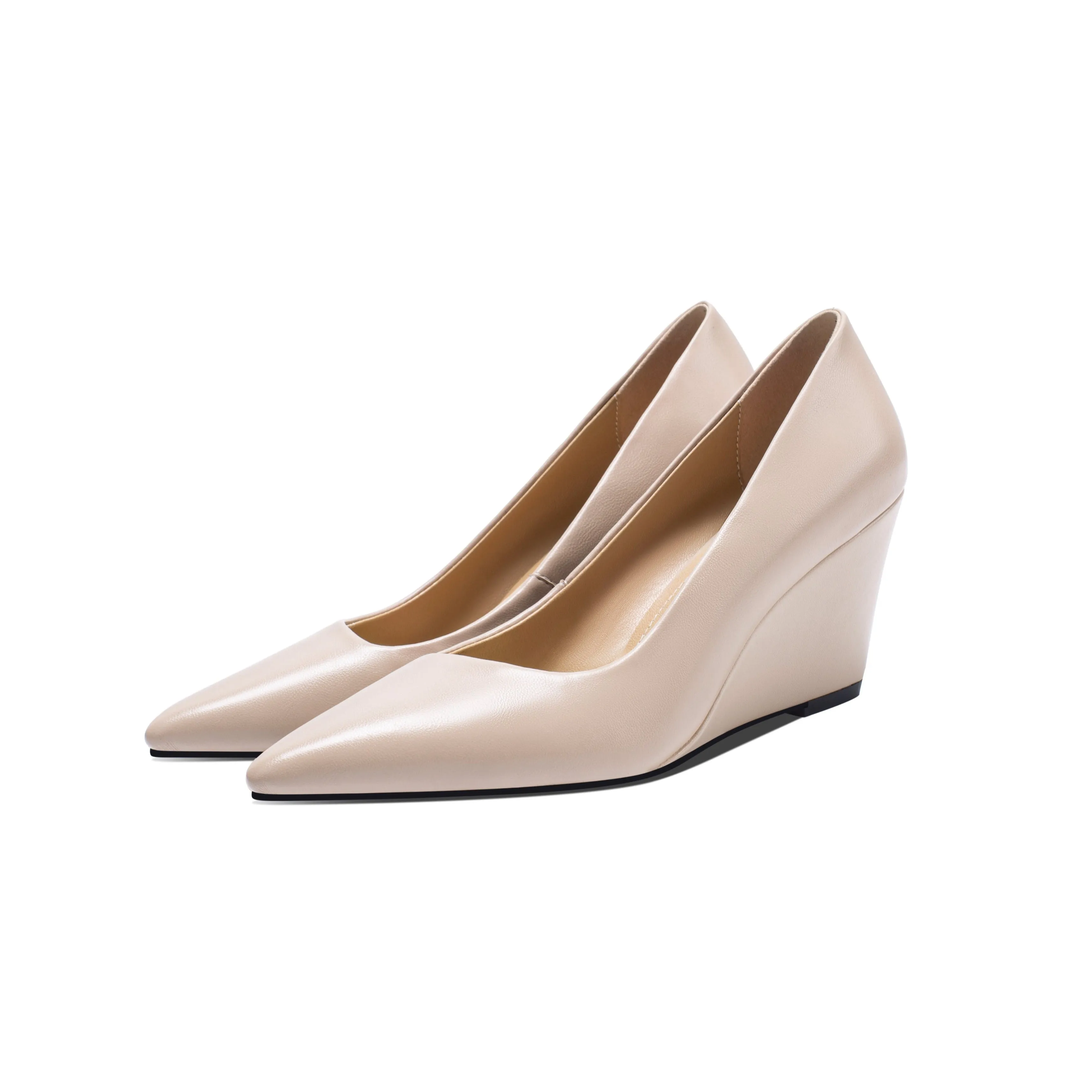 TinaCus Genuine Leather Women's Handmade Pointed Toe Comfortable Wedge Heel Slip On Pump Shoes