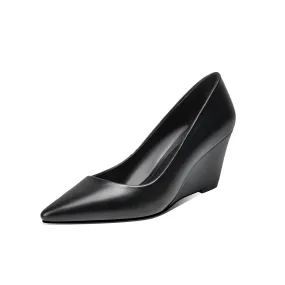 TinaCus Genuine Leather Women's Handmade Pointed Toe Comfortable Wedge Heel Slip On Pump Shoes