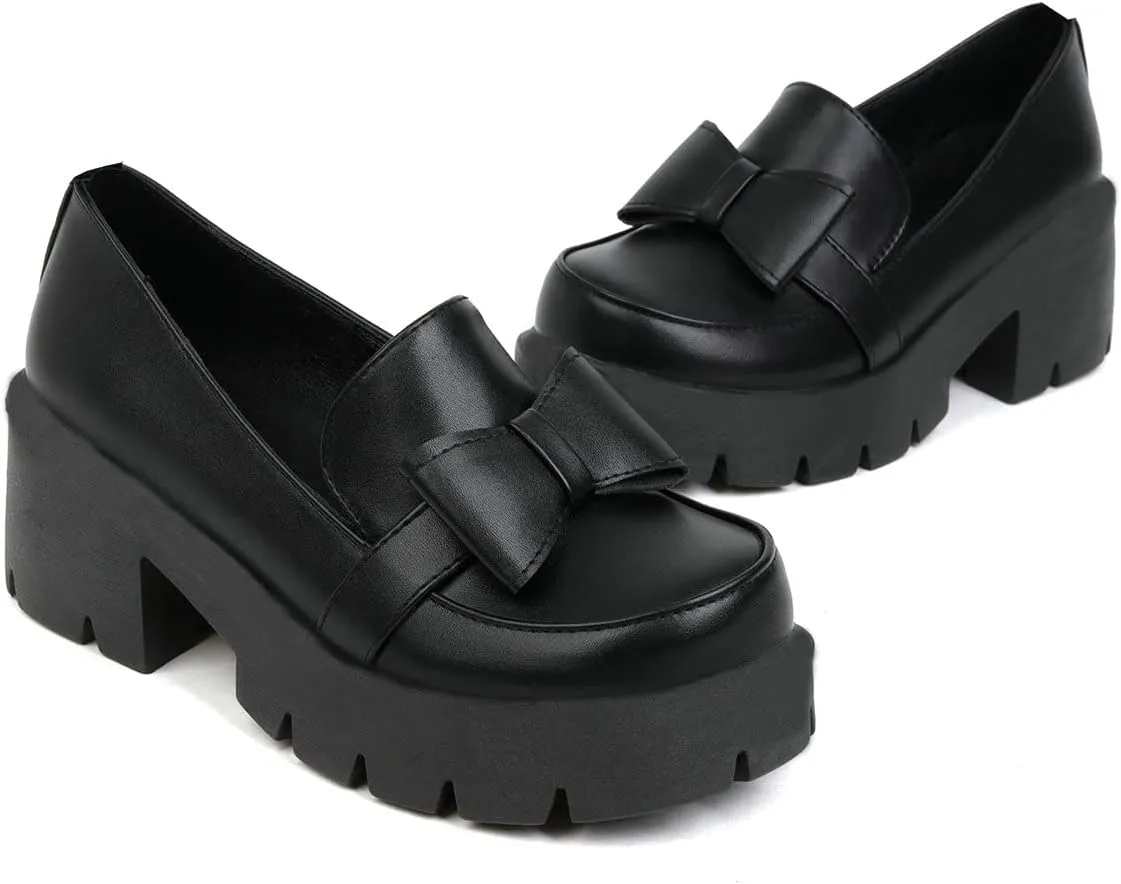 Trendenzy Womens Round Toe Platform Loafer Shoes Chunky Slip On Pumps Goth
