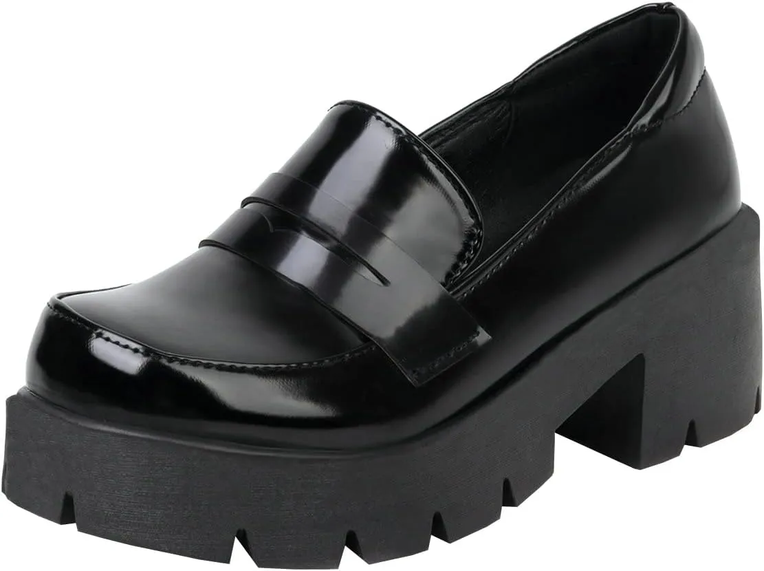 Trendenzy Womens Round Toe Platform Loafer Shoes Chunky Slip On Pumps Goth