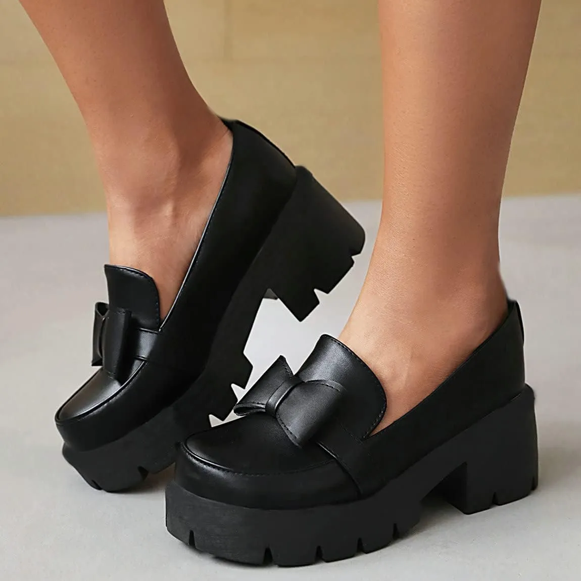 Trendenzy Womens Round Toe Platform Loafer Shoes Chunky Slip On Pumps Goth