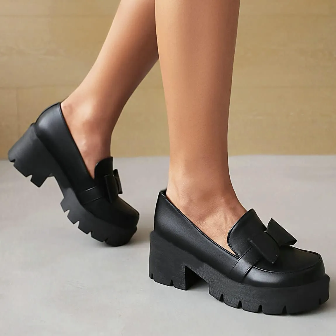 Trendenzy Womens Round Toe Platform Loafer Shoes Chunky Slip On Pumps Goth