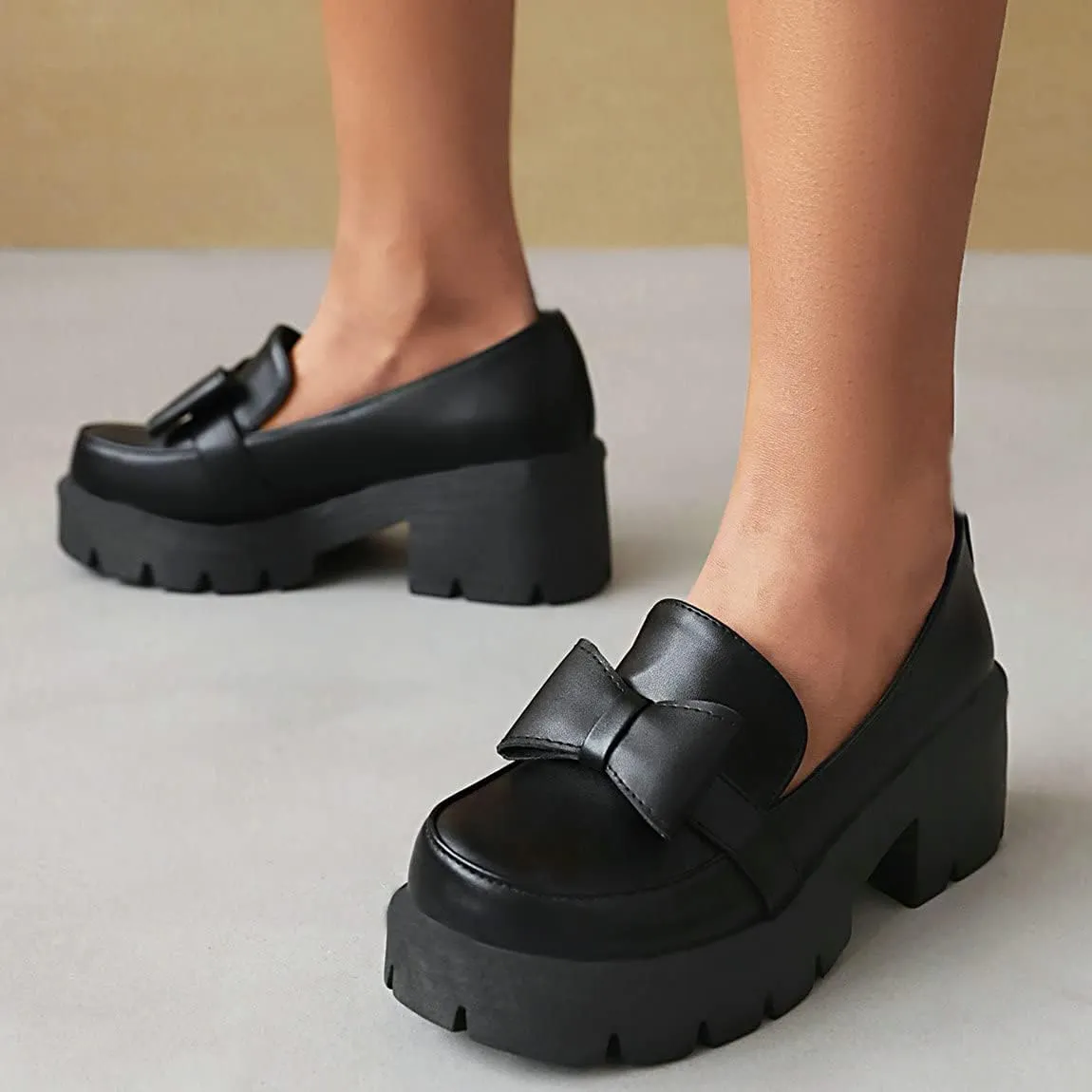 Trendenzy Womens Round Toe Platform Loafer Shoes Chunky Slip On Pumps Goth