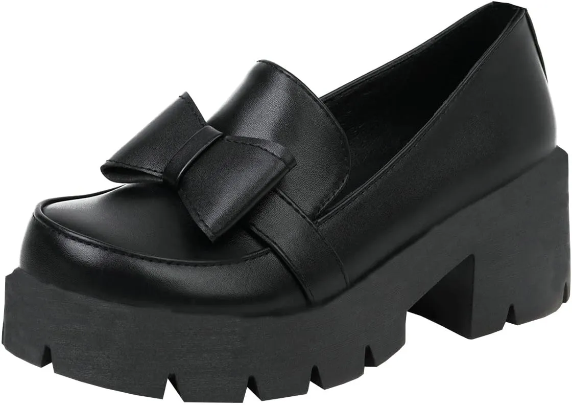 Trendenzy Womens Round Toe Platform Loafer Shoes Chunky Slip On Pumps Goth