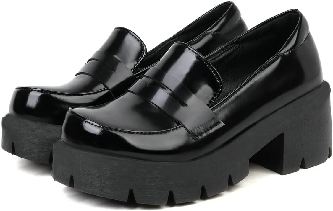 Trendenzy Womens Round Toe Platform Loafer Shoes Chunky Slip On Pumps Goth