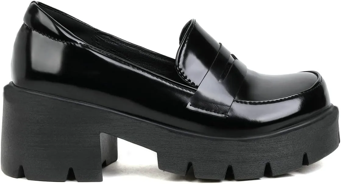 Trendenzy Womens Round Toe Platform Loafer Shoes Chunky Slip On Pumps Goth