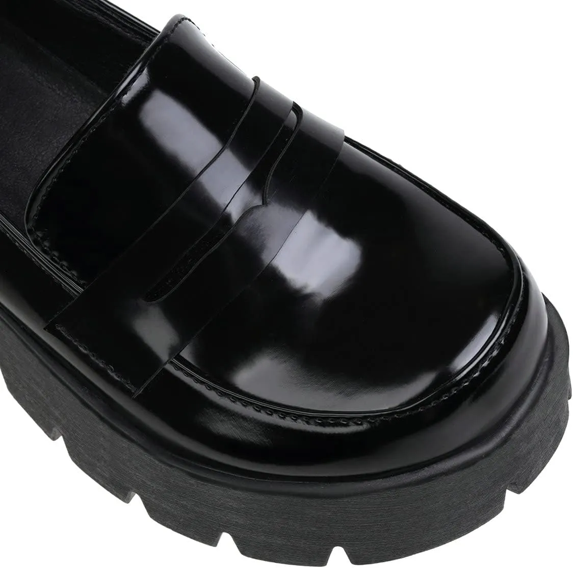 Trendenzy Womens Round Toe Platform Loafer Shoes Chunky Slip On Pumps Goth