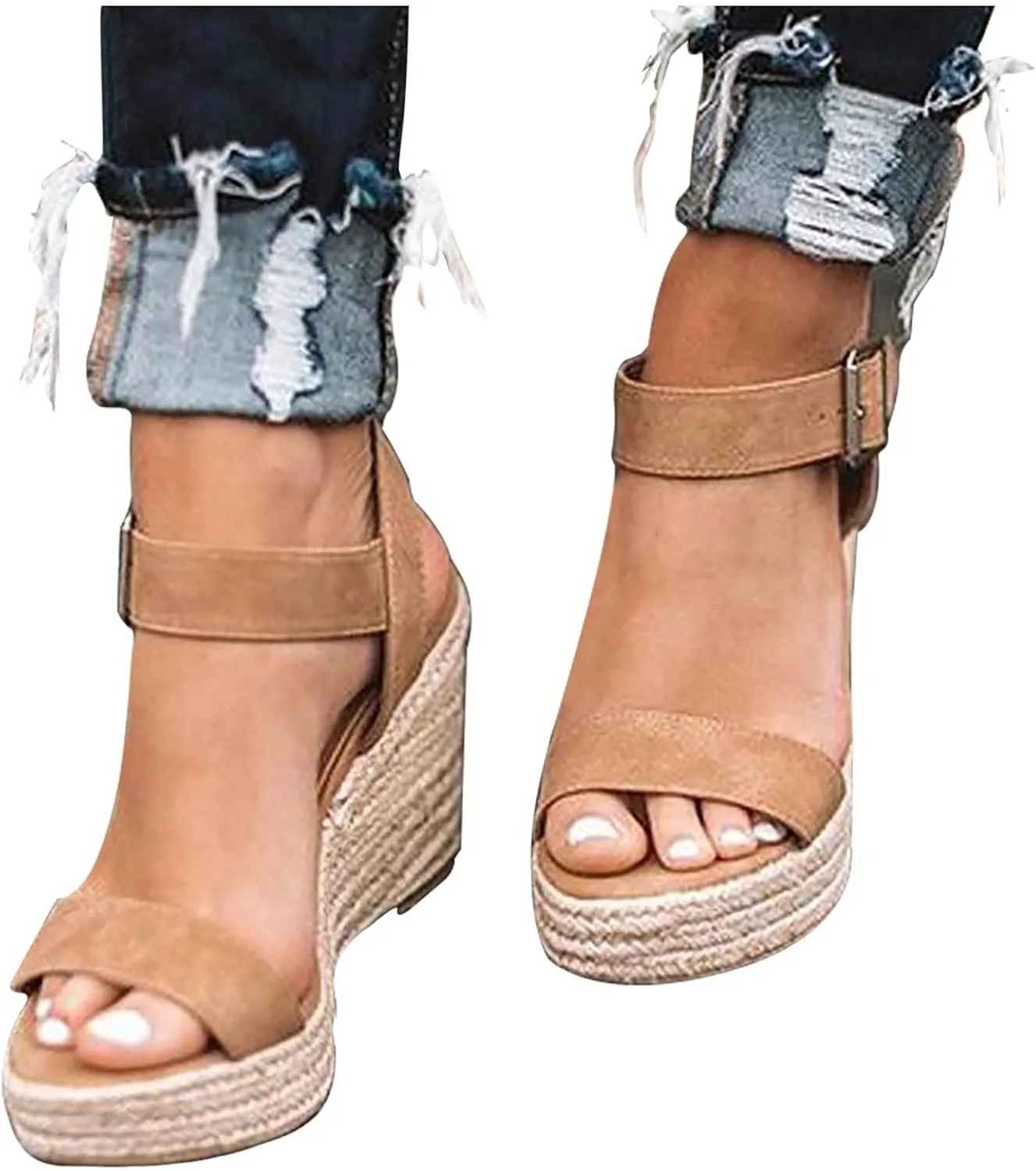 Wedge Sandals for Women Double Buckle Strap Peep Toe Platform Heels with Cushioned Footbed for Wedding Guest Outfits Orthopedic Sandal Beach Dressy Flip Flops for Wide Toe 2025 Spring