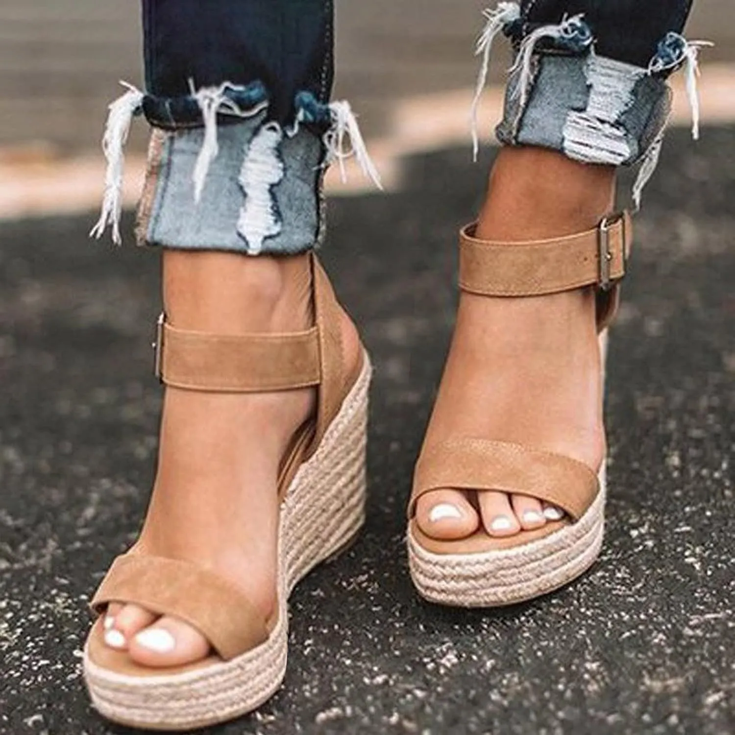 Wedge Sandals for Women Double Buckle Strap Peep Toe Platform Heels with Cushioned Footbed for Wedding Guest Outfits Orthopedic Sandal Beach Dressy Flip Flops for Wide Toe 2025 Spring