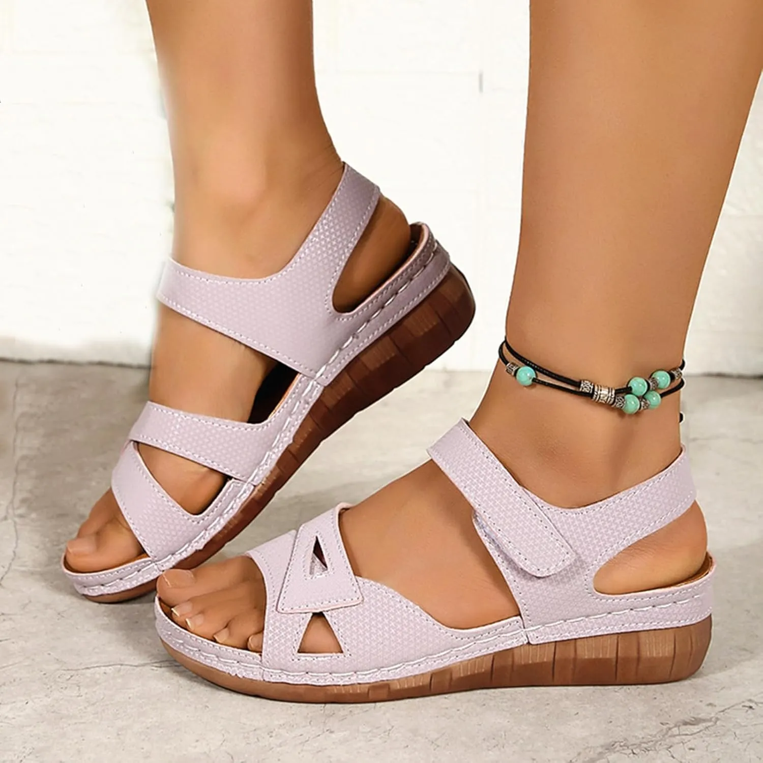 Wedge Sandals for Women Slip On Low Wedge Sandals Orthopedic Open Toe Soft Cushion Shoes Comfort Elastic Hook and Loop Closure Shoes Walking Casual Orthotic Sandal