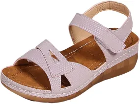 Wedge Sandals for Women Slip On Low Wedge Sandals Orthopedic Open Toe Soft Cushion Shoes Comfort Elastic Hook and Loop Closure Shoes Walking Casual Orthotic Sandal