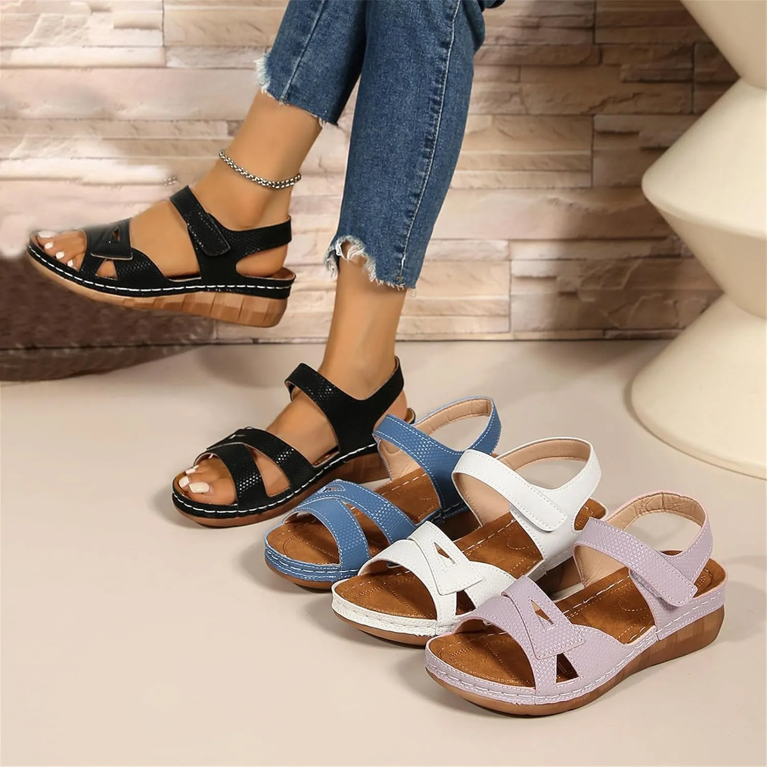 Wedge Sandals for Women Slip On Low Wedge Sandals Orthopedic Open Toe Soft Cushion Shoes Comfort Elastic Hook and Loop Closure Shoes Walking Casual Orthotic Sandal