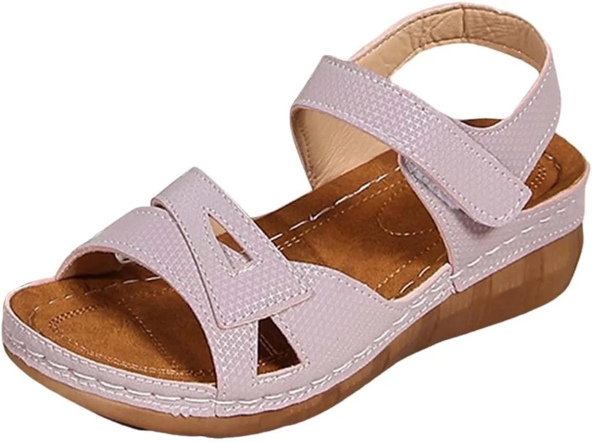 Wedge Sandals for Women Slip On Low Wedge Sandals Orthopedic Open Toe Soft Cushion Shoes Comfort Elastic Hook and Loop Closure Shoes Walking Casual Orthotic Sandal