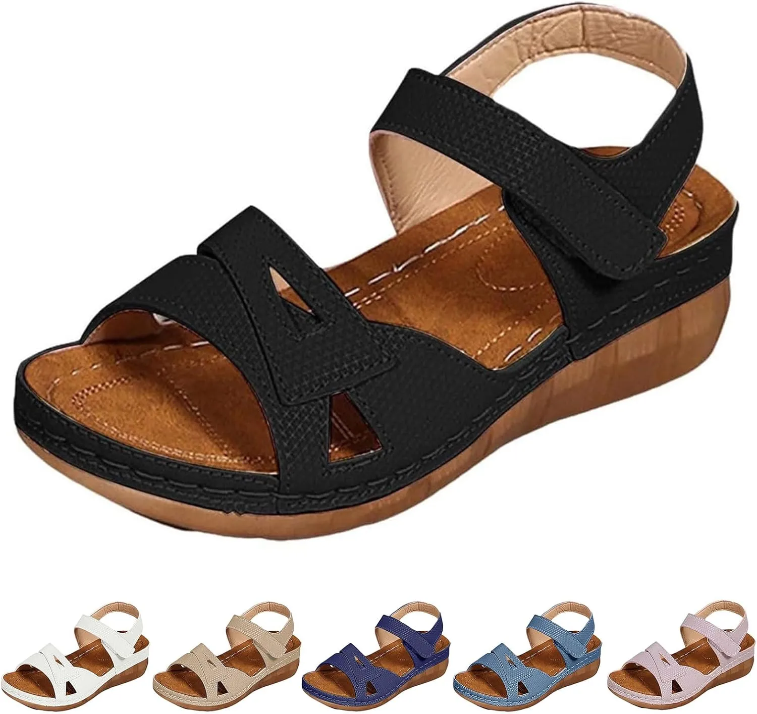 Wedge Sandals for Women Slip On Low Wedge Sandals Orthopedic Open Toe Soft Cushion Shoes Comfort Elastic Hook and Loop Closure Shoes Walking Casual Orthotic Sandal