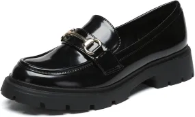Women's Chunky Platform Loafers with Chain or Buckle Patent Leather Black Penny Loafers Fashion Office Shoes School Dress Shoes Comfort Slip-on