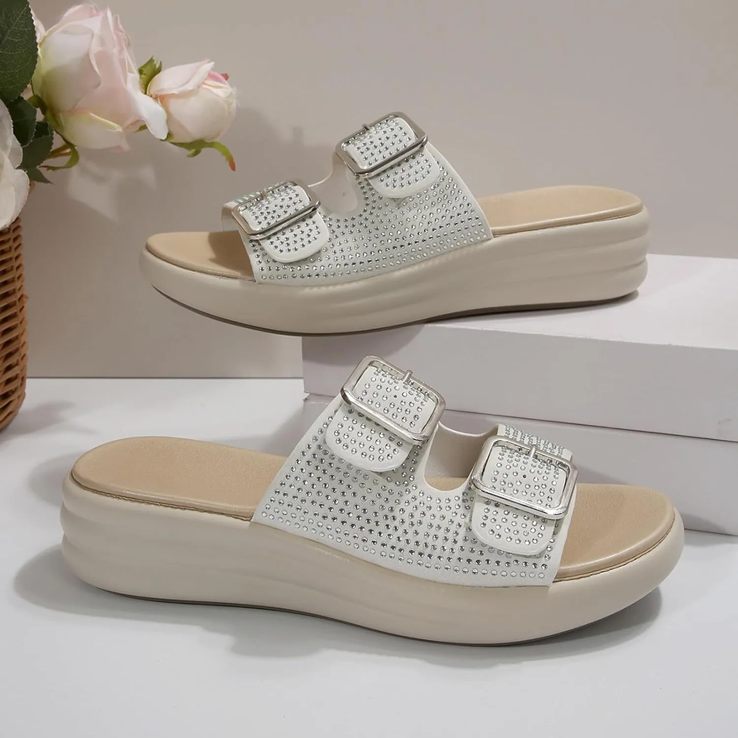 Womens Dressy Summer Thick Soled Wedge Heeled Women's Outdoor Sandals With Rhinestone Straps Hollow Fish Mouth Beach
