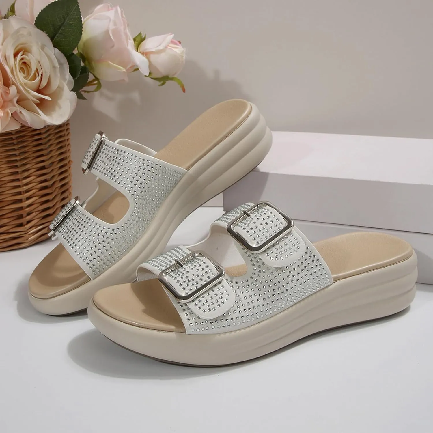 Womens Dressy Summer Thick Soled Wedge Heeled Women's Outdoor Sandals With Rhinestone Straps Hollow Fish Mouth Beach