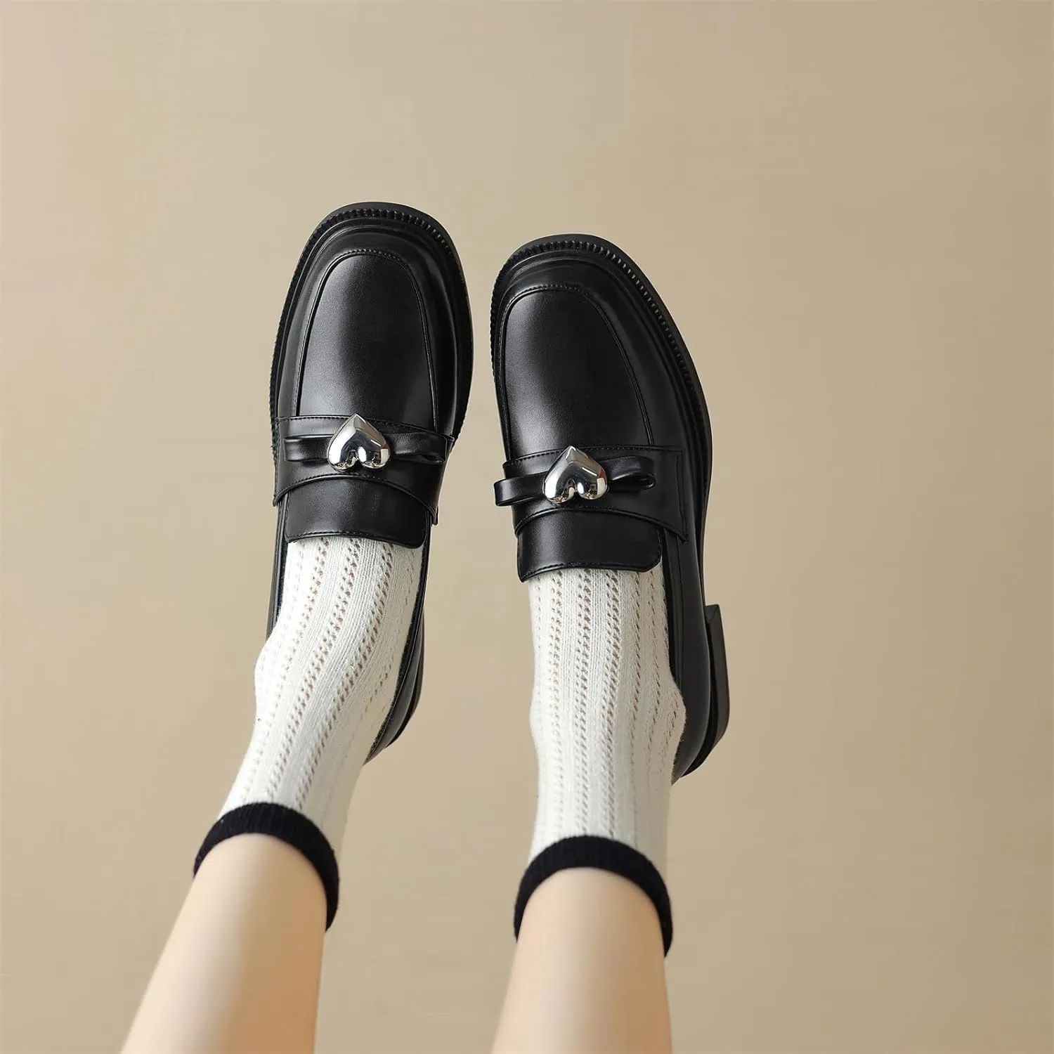 Women's Retro Platform Round Closed Toe Pump Loafers Pull-On Chunky Low Heel Metallic Heart Office Work Casual Fashion Business Dress Shoes All Weather Daily Wear Flats