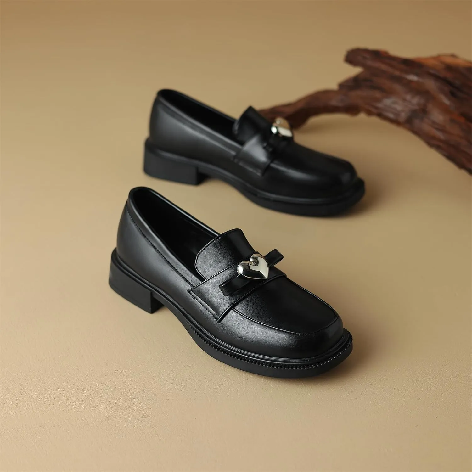 Women's Retro Platform Round Closed Toe Pump Loafers Pull-On Chunky Low Heel Metallic Heart Office Work Casual Fashion Business Dress Shoes All Weather Daily Wear Flats