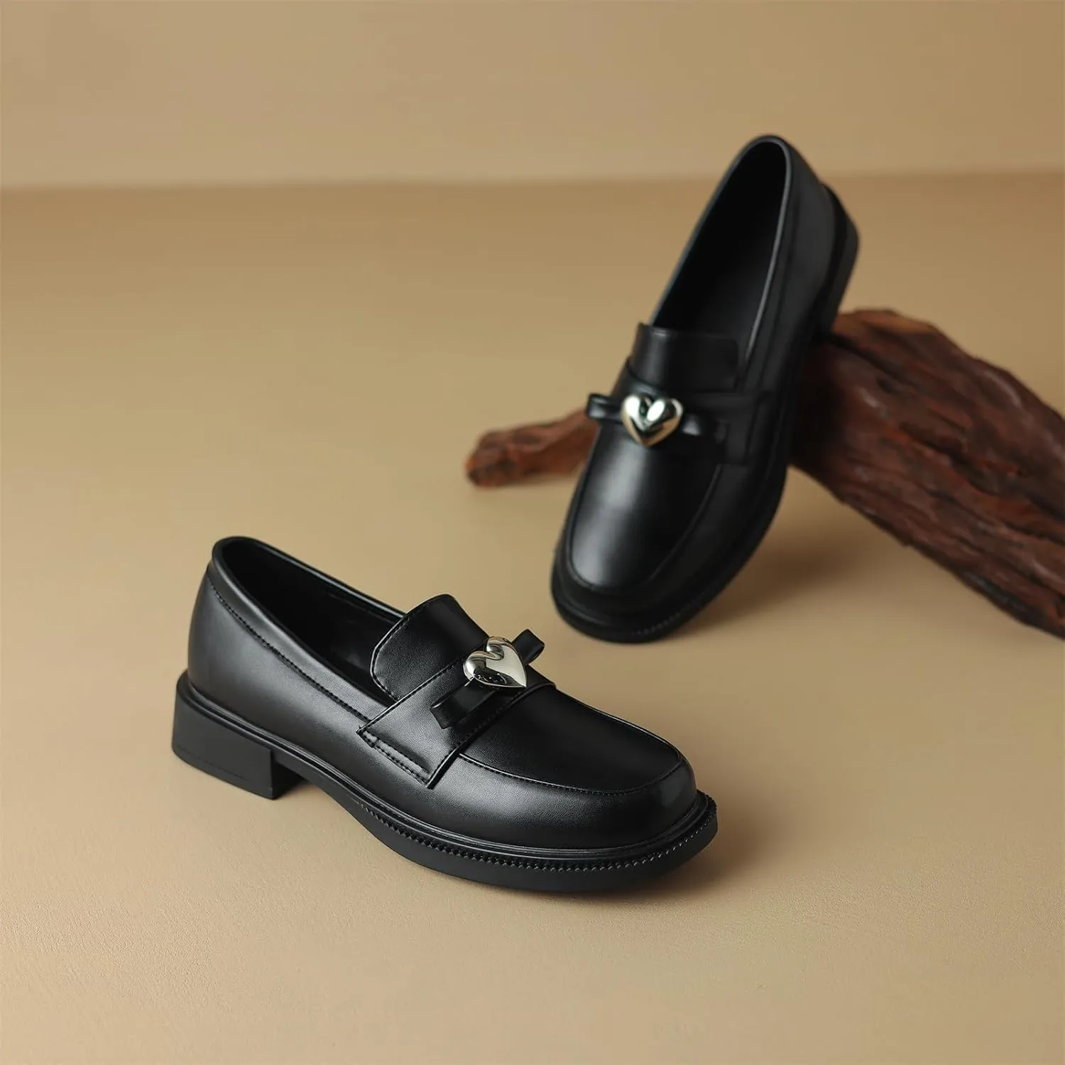 Women's Retro Platform Round Closed Toe Pump Loafers Pull-On Chunky Low Heel Metallic Heart Office Work Casual Fashion Business Dress Shoes All Weather Daily Wear Flats