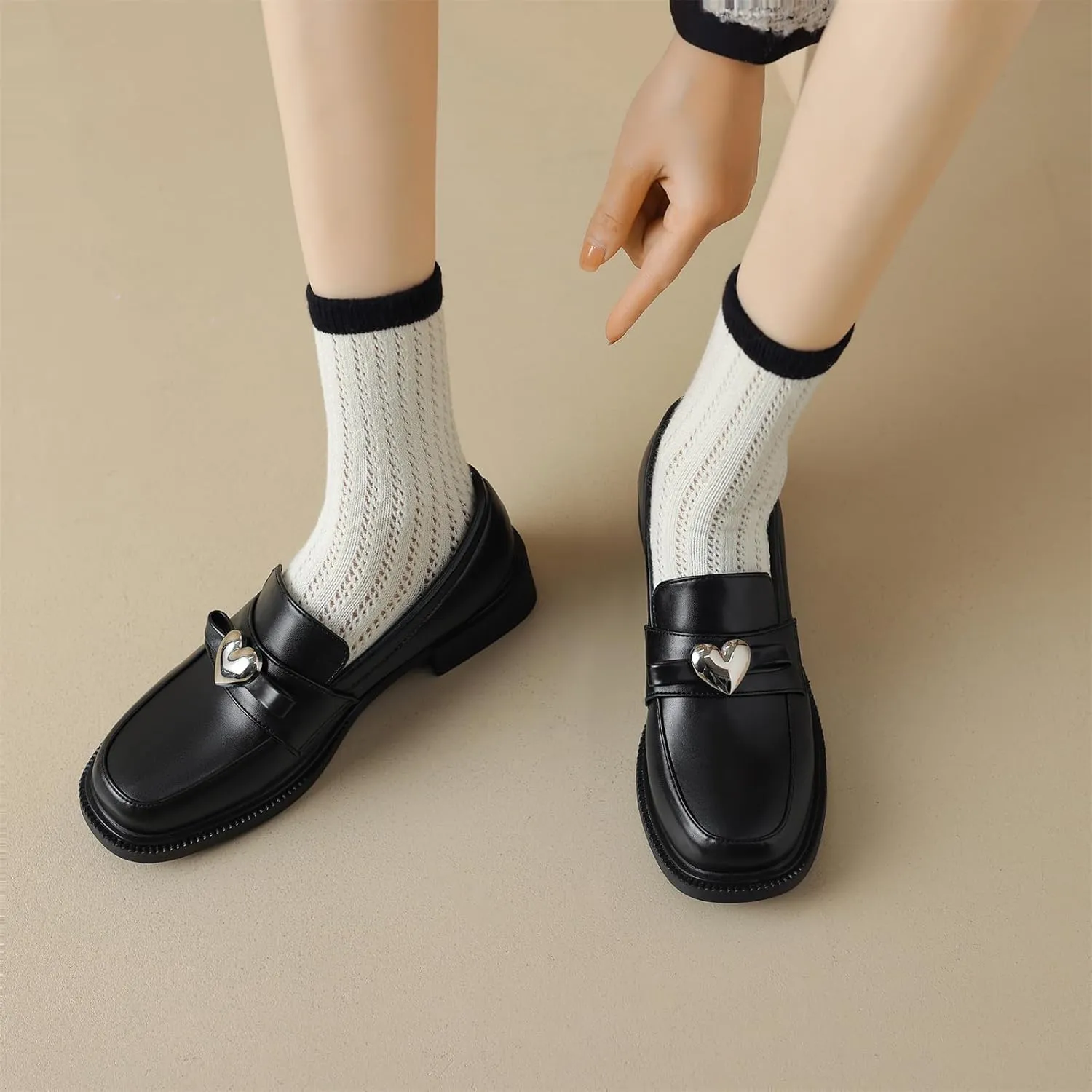 Women's Retro Platform Round Closed Toe Pump Loafers Pull-On Chunky Low Heel Metallic Heart Office Work Casual Fashion Business Dress Shoes All Weather Daily Wear Flats